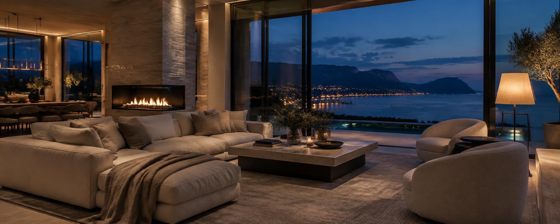 Spotless luxury living room at blue hour